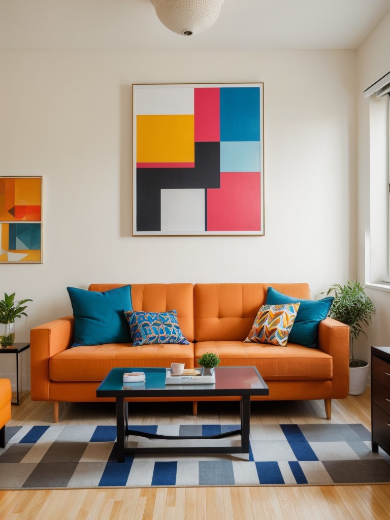 Make a bold statement in your one bedroom apartment by incorporating vibrant and energizing colors, geometric patterns, and eye-catching artwork.