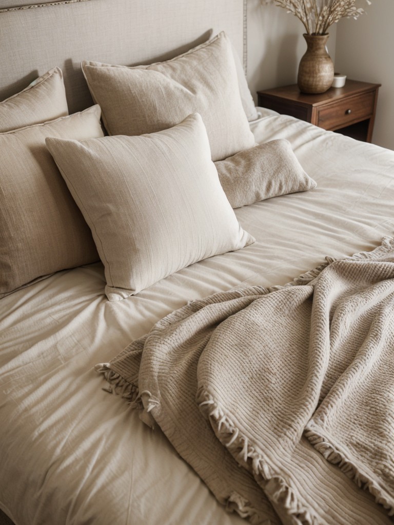 Create a cozy and inviting bedroom by adding luxurious bedding, soft lighting, and textured decor elements like throw pillows and blankets.