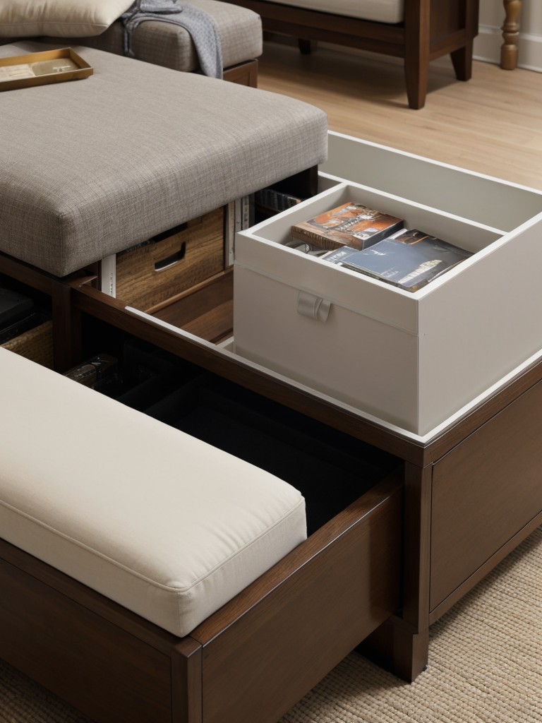 Incorporate multi-purpose storage solutions, like ottomans or coffee tables with hidden compartments, to keep the space clutter-free and organized.