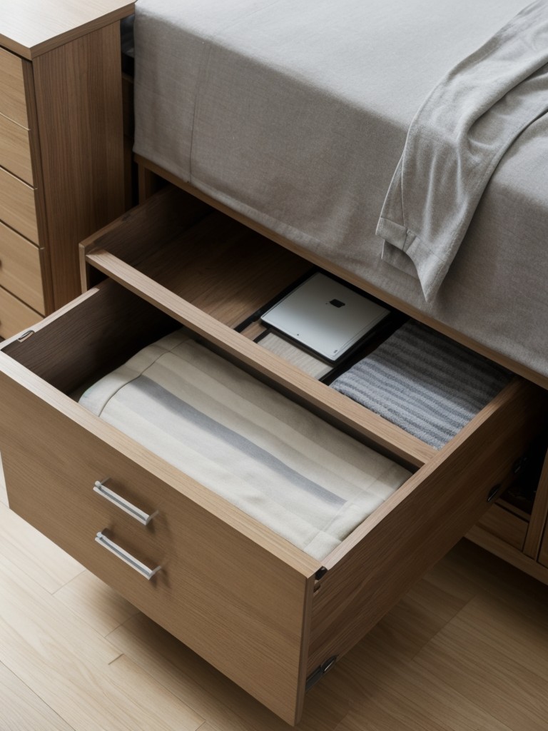 Incorporate smart storage solutions, like under-bed drawers or hidden storage compartments in furniture, to keep belongings organized and out of sight.