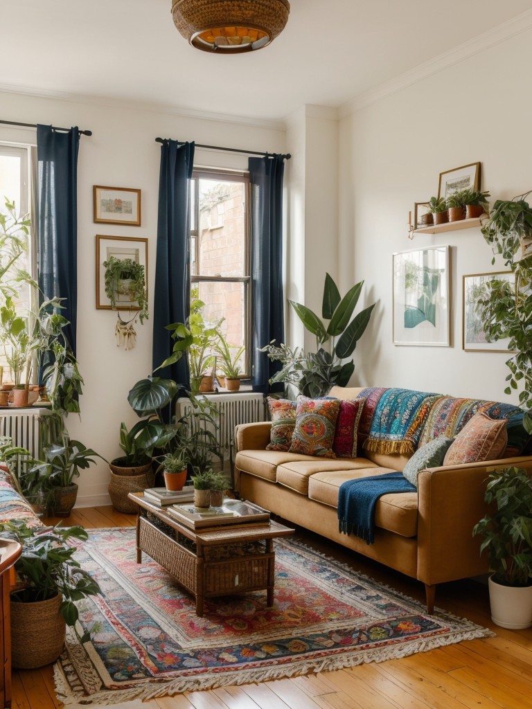 Bohemian-inspired one bedroom apartment filled with vibrant textiles, eclectic furniture, and plants for a relaxed and cozy feel.