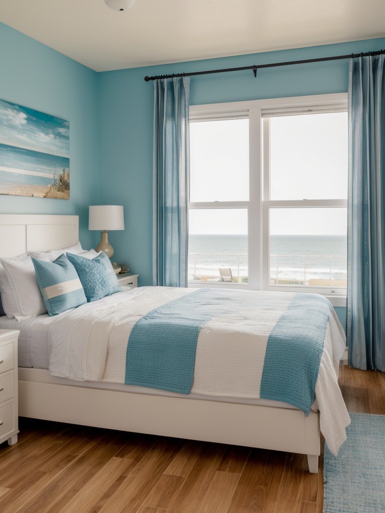Coastal-themed one bedroom apartment design, incorporating light and breezy colors, nautical accents, and beach-inspired textures.