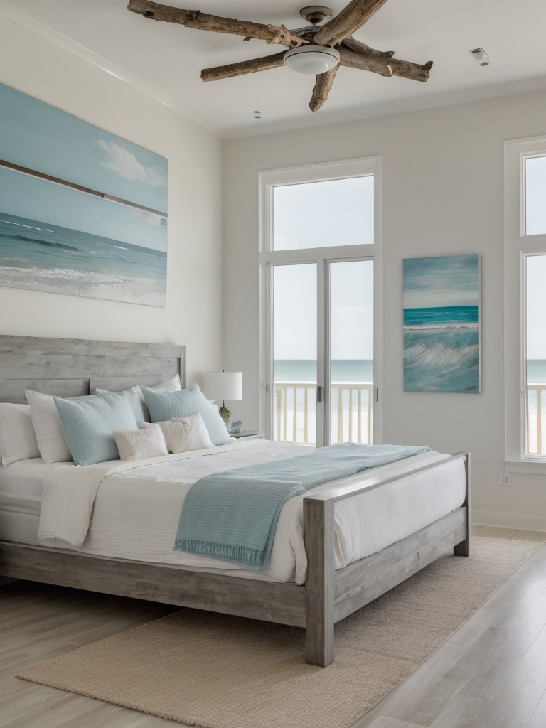 Contemporary coastal one bedroom apartment design, blending modern furniture with beachy touches like seashells, driftwood, and coastal artwork.