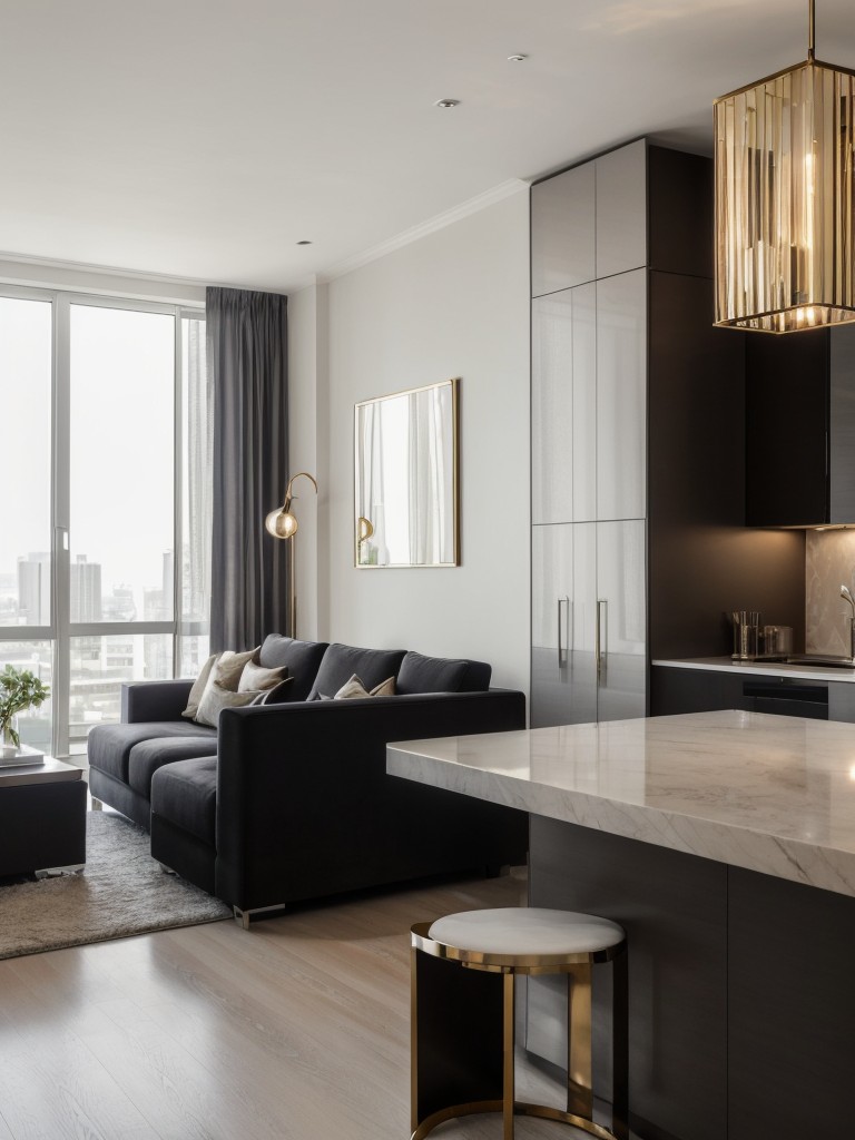 Contemporary and sophisticated one bedroom apartment decor, combining sleek finishes, metallic accents, and statement lighting fixtures.