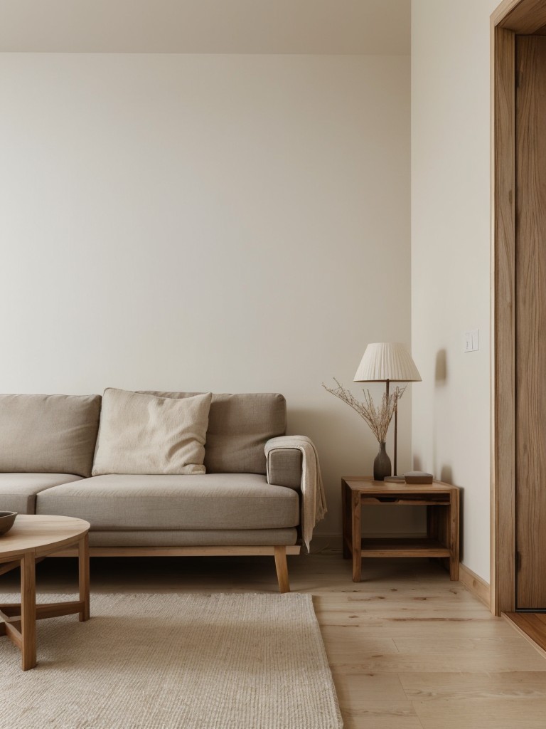 Cozy and minimalist one bedroom apartment design, featuring natural wood elements, neutral color palette, and space-saving furniture.
