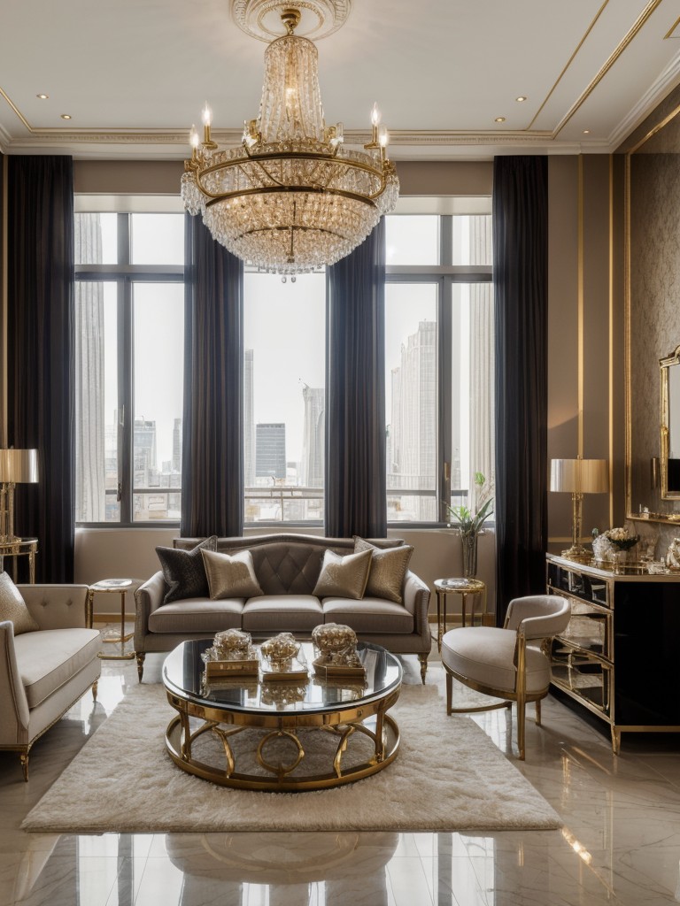 Glamorous and luxurious one bedroom apartment design, incorporating rich fabrics, metallic accents, and statement chandeliers.