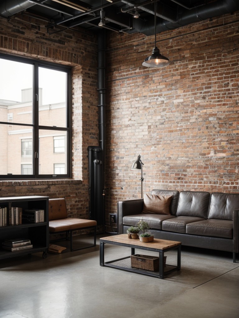 Industrial chic one bedroom apartment decor, incorporating exposed brick walls, metal accents, and vintage furniture pieces.