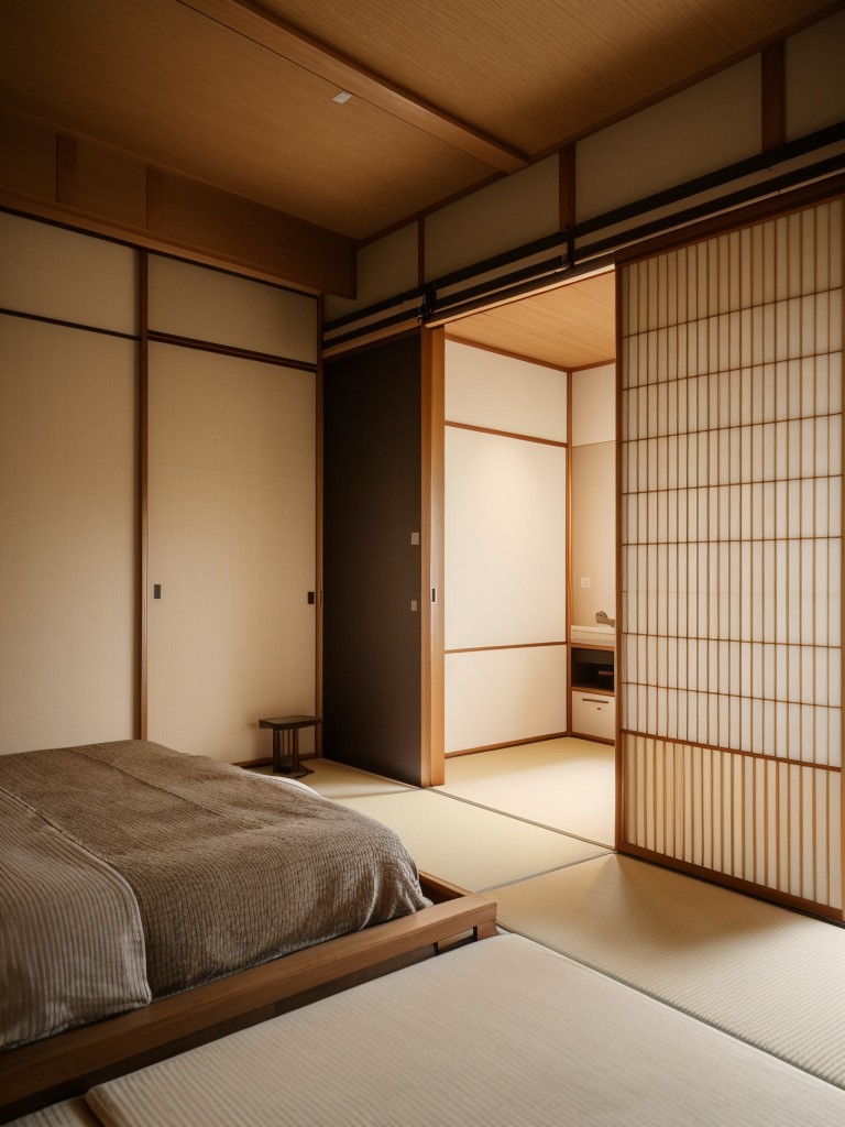 Japanese-inspired one bedroom apartment with a Zen ambiance, incorporating natural materials, sliding doors, and minimalistic furniture.