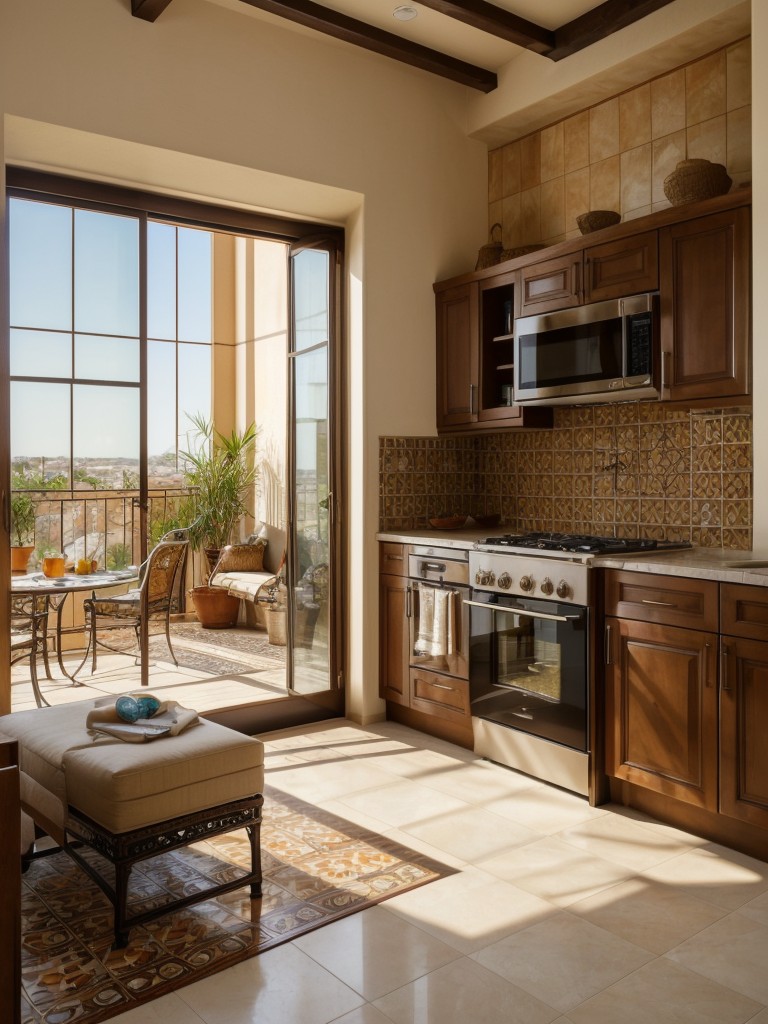 Mediterranean-inspired one bedroom apartment decor, characterized by warm earth tones, mosaic tiles, and wrought iron accents.