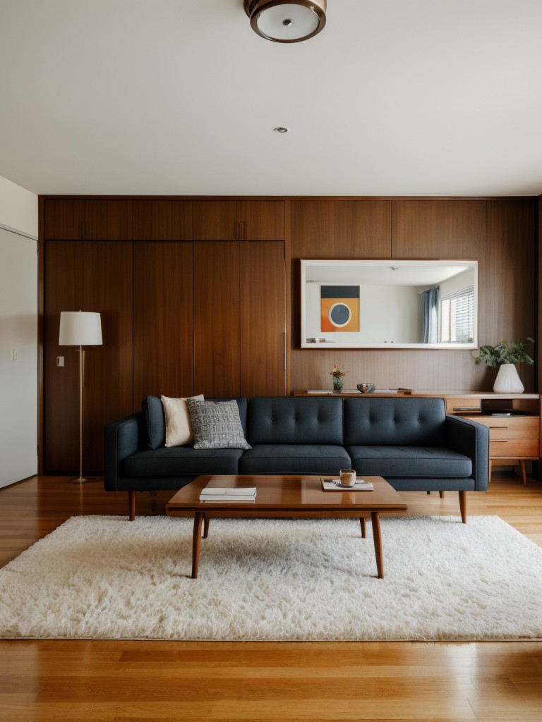 Mid-century modern one bedroom apartment design, characterized by sleek lines, retro-inspired furniture, and bold geometric patterns.
