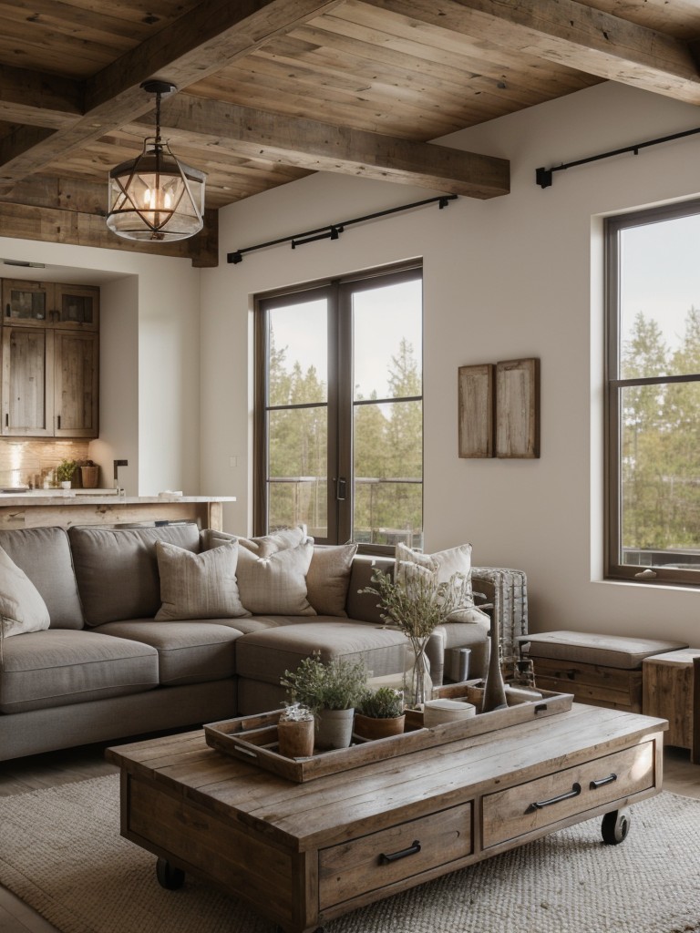 Modern farmhouse one bedroom apartment decor, combining rustic elements, natural textures, and modern fixtures for a cozy and inviting feel.