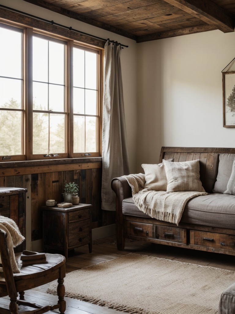 Rustic farmhouse one bedroom apartment with distressed wood furniture, cozy textiles, and vintage-inspired decorative elements.