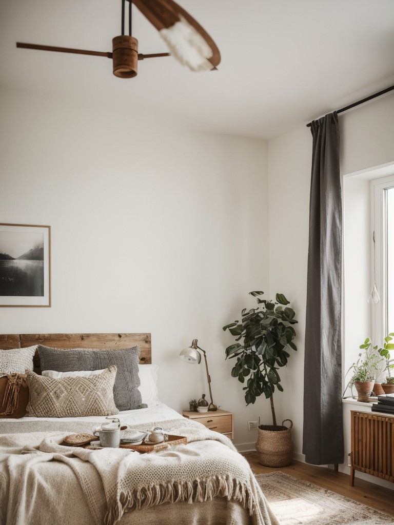Scandinavian boho fusion one bedroom apartment decor, combining clean lines, cozy textures, and natural materials with eclectic boho elements.