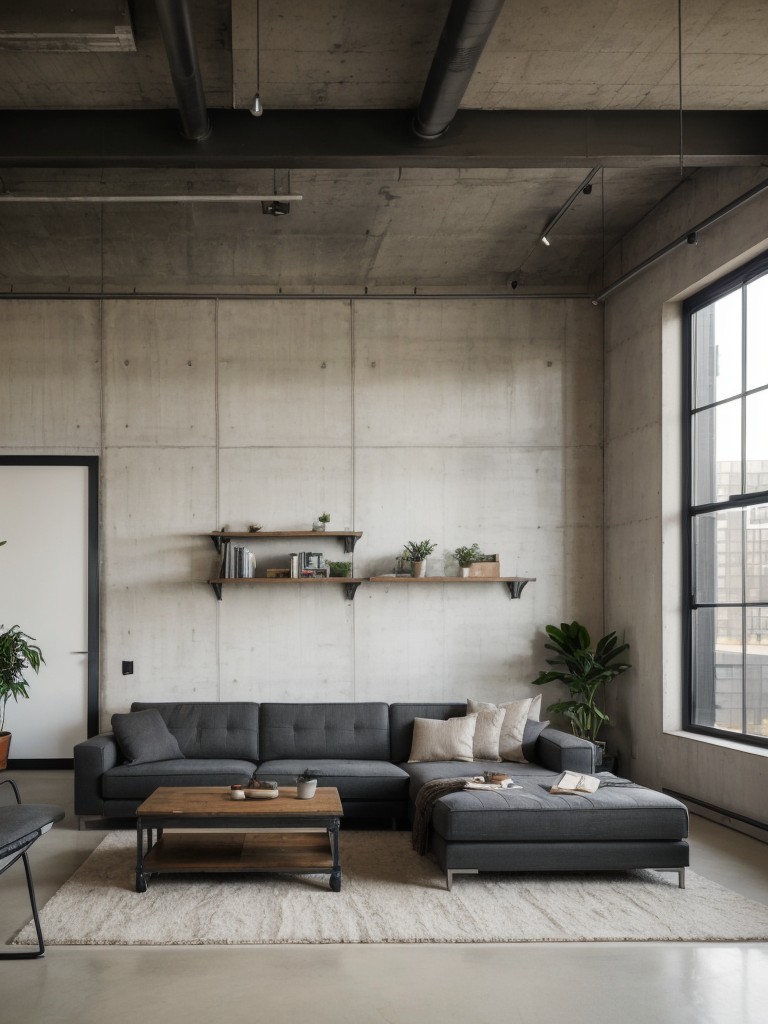 Urban loft-inspired one bedroom apartment decor, showcasing exposed concrete walls, open floor plan, and industrial-style furniture.