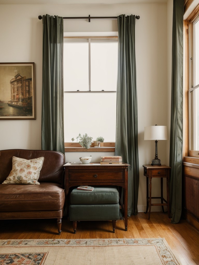 Vintage charm one bedroom apartment design, featuring antique furniture, vintage artwork, and retro-inspired color schemes.
