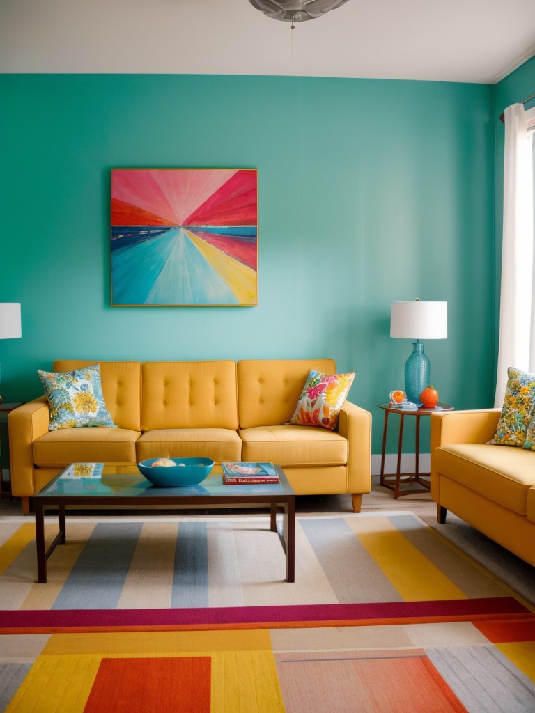 Brightening up a one room apartment with pops of color, utilizing vibrant furniture, colorful artwork, and bold accents to create a lively and energetic atmosphere.