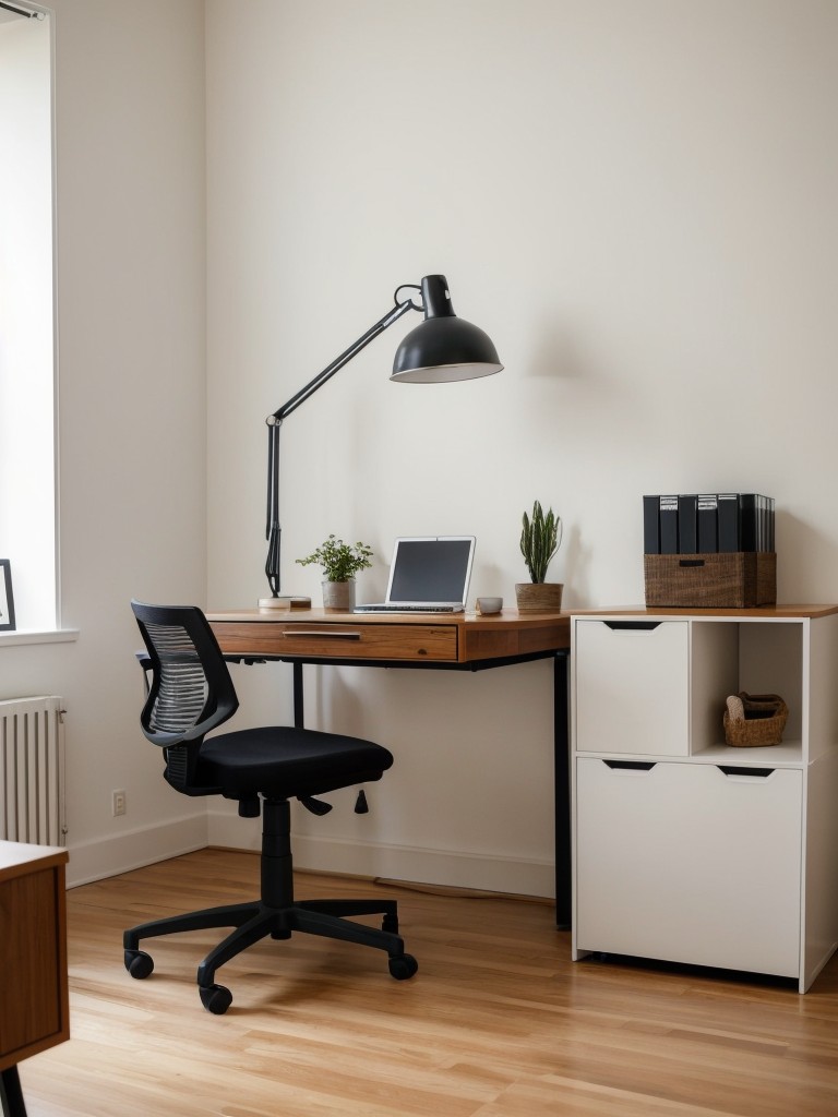 Creating a home office space in a one room apartment with a compact desk, ergonomic chair, and proper lighting, distinguishing the workspace from the rest of the living area.