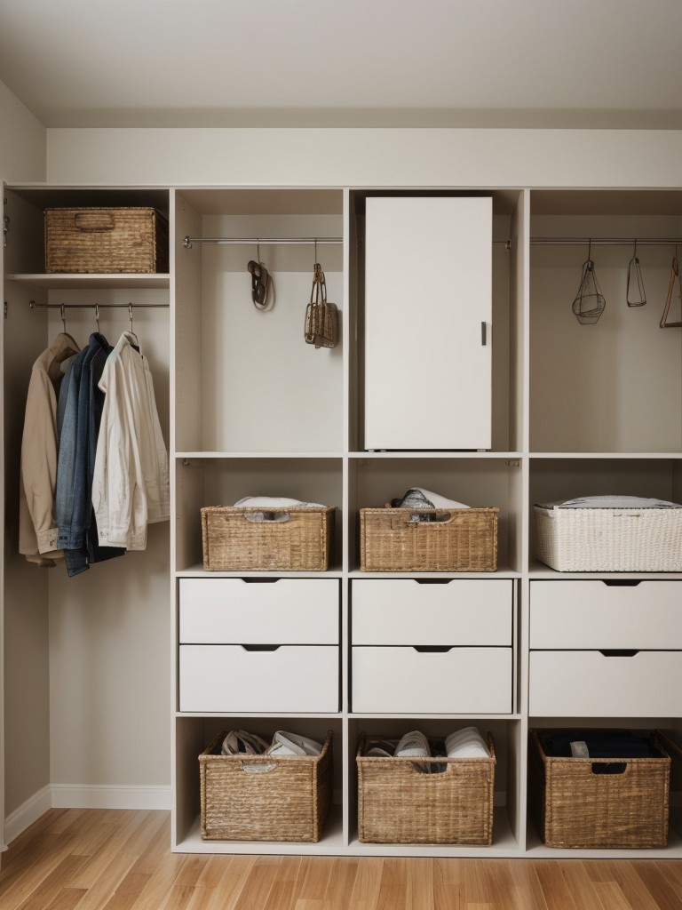 Creating an organized and clutter-free environment in a one room apartment with stylish storage solutions, such as baskets, storage ottomans, and wall hooks.