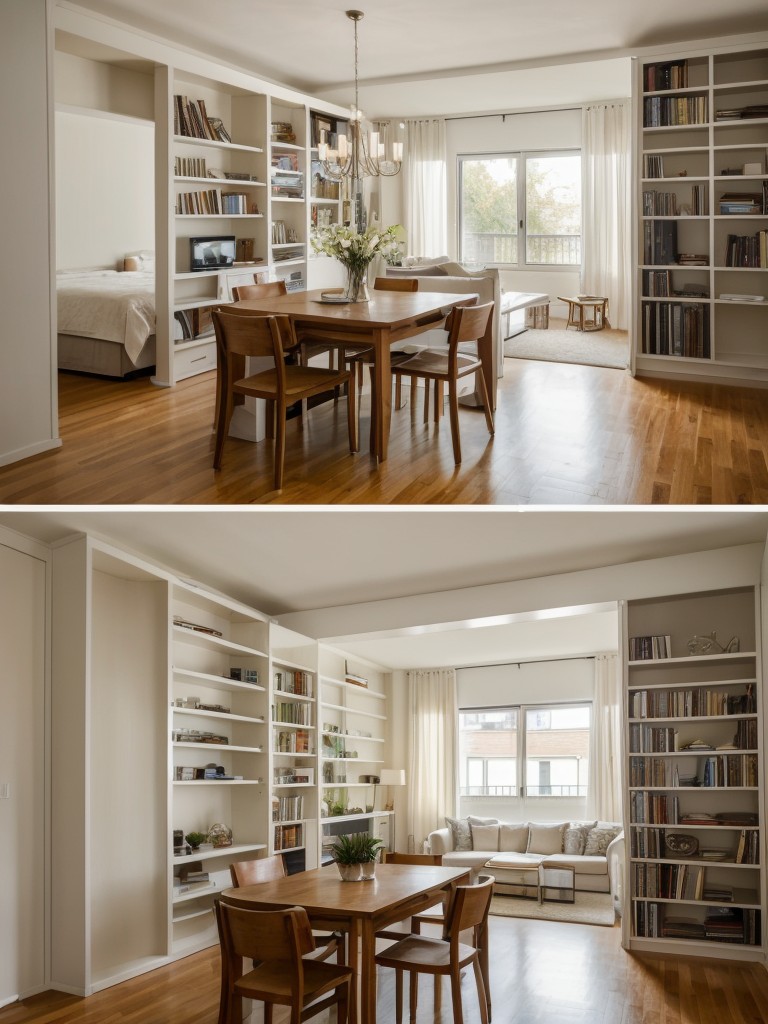 Creating zones in a one room apartment with strategic furniture placement and room dividers, such as bookcases or curtains, to define separate living, dining, and sleeping areas.