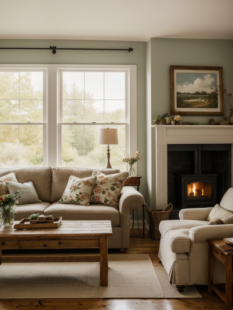 Designing a cozy and inviting one room apartment with a cottage-style theme, incorporating traditional furniture, floral patterns, and a warm color scheme reminiscent of the countryside.