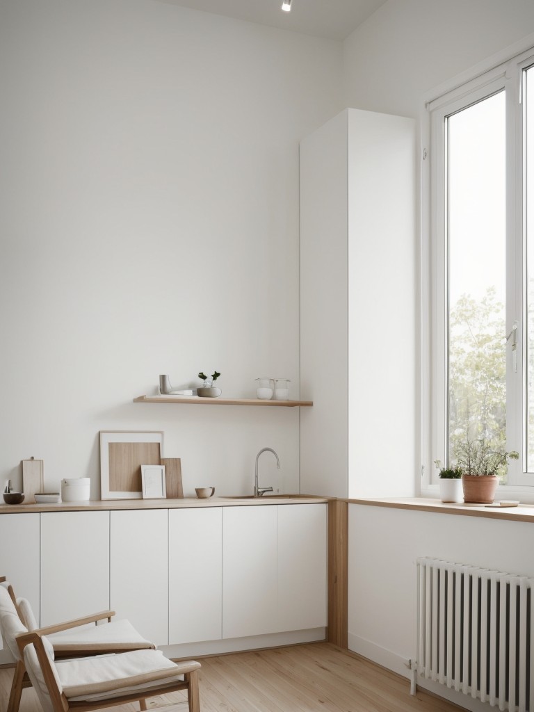 Designing a minimalist Scandinavian-inspired one room apartment with white or light-colored walls, natural wood furniture, and a focus on functionality and simplicity.