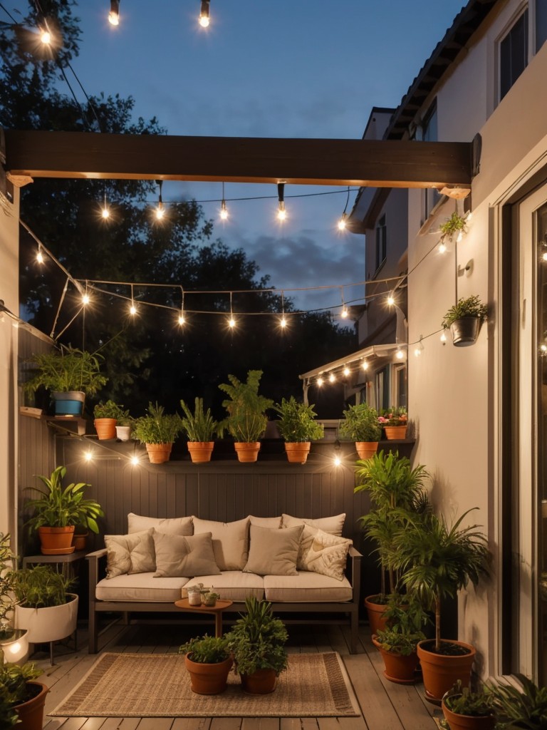 Designing a small balcony or outdoor space in a one room apartment with cozy seating, potted plants, and string lights, creating a private oasis for relaxation and entertainment.