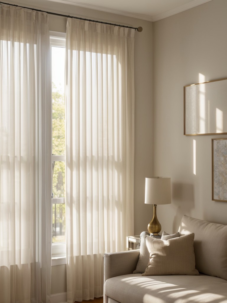 Enhancing natural light in a one room apartment by using sheer curtains or blinds, strategically placing mirrors to reflect light, and opting for light-colored furniture and décor.