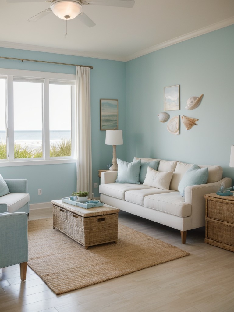 Incorporating a coastal or beach-themed design in a one room apartment with light and airy colors, natural textures, seashell accessories, and nautical elements.