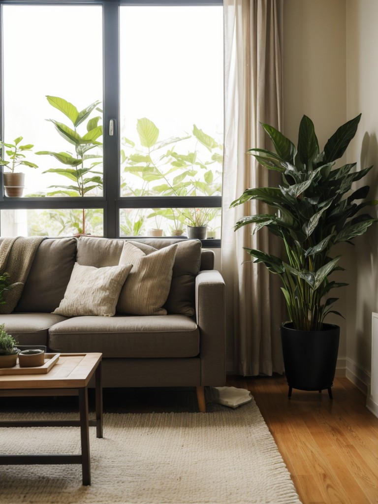 Infusing a one room apartment with a nature-inspired theme, incorporating indoor plants, natural textures, and earthy tones to create a calming and serene atmosphere.