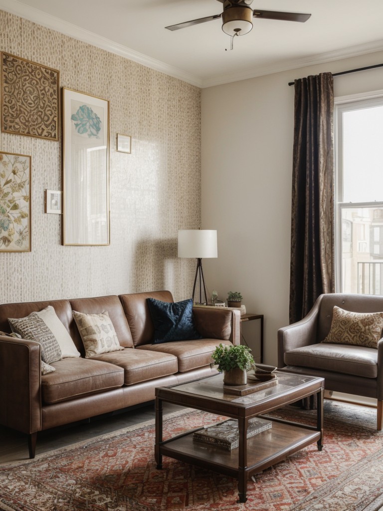 Mixing patterns and textures in a one room apartment to add visual interest, combining different materials, such as velvet, linen, and leather, with patterned wallpaper, rugs, and throw pillows.