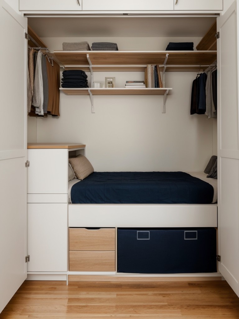Optimizing storage in a one room apartment with hidden compartments, under-bed storage, hanging organizers, and shelves that maximize vertical space.