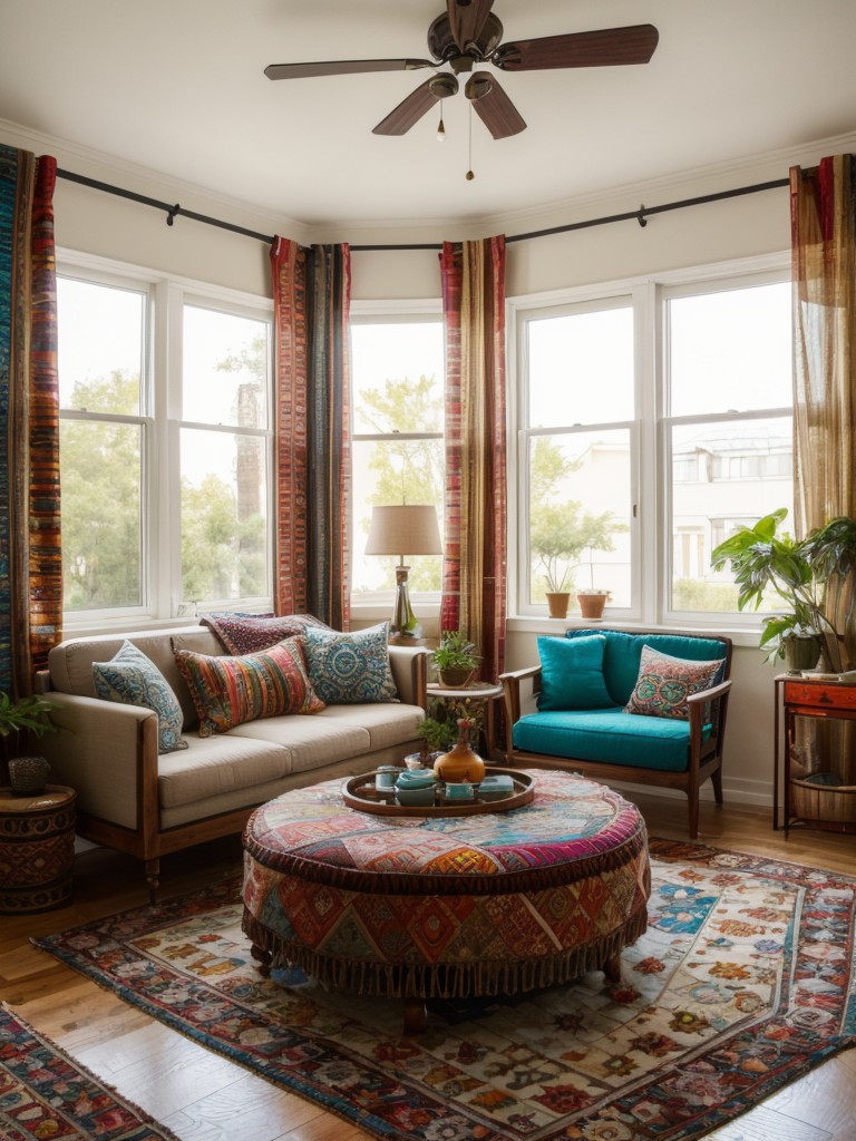 Transforming a one room apartment into a bohemian-inspired sanctuary with eclectic furniture, vibrant colors, mixed patterns, and an abundance of textiles, such as curtains, rugs, and floor cushions.