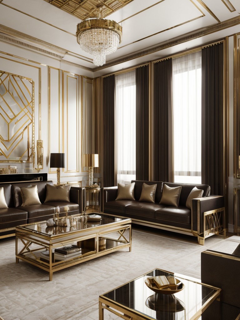 Art deco-inspired living room design with luxurious materials, geometric shapes, and glamorous metallic accents.