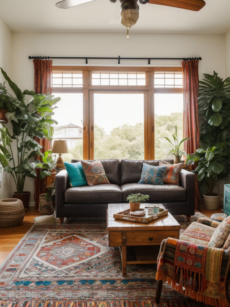 Bohemian living room design with eclectic patterns, global-inspired decor, and a relaxed, free-spirited vibe.