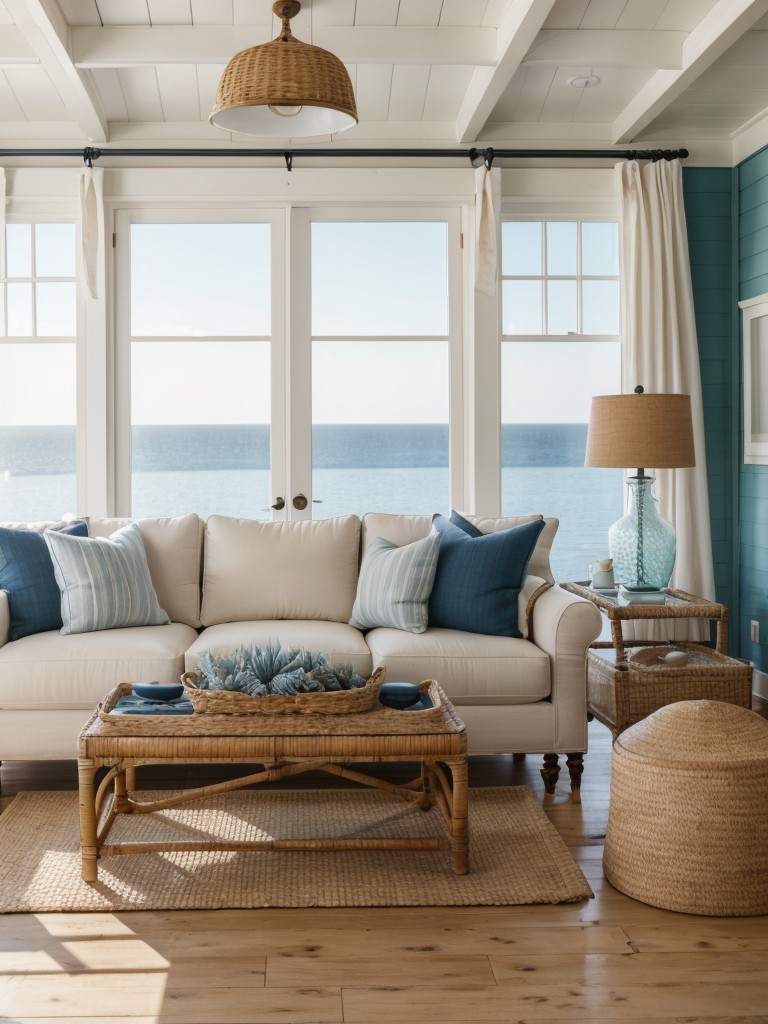 Coastal living room design with a nautical color palette, seaside-inspired decor, and natural textures like rattan and shells.
