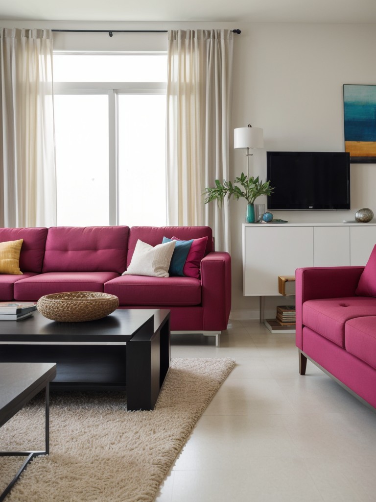 Contemporary living room design with clean lines, bold pops of color, and a focus on sleek, modern furniture.