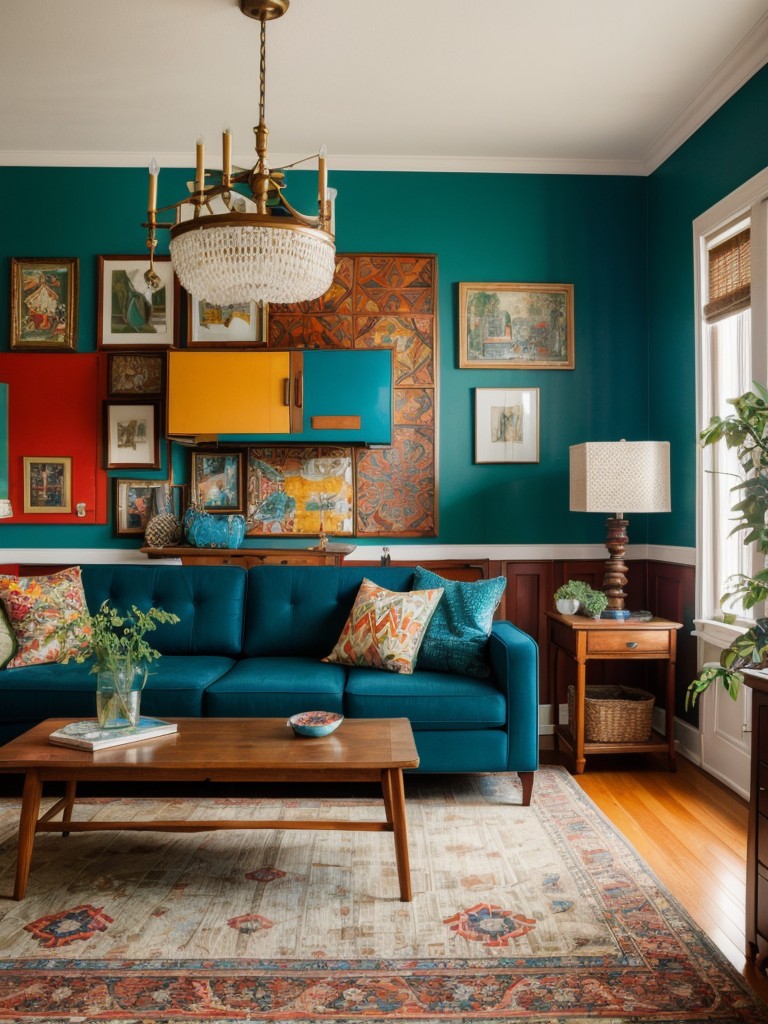 Eclectic living room design with bold patterns, vibrant colors, and a mix of vintage and modern furniture pieces.
