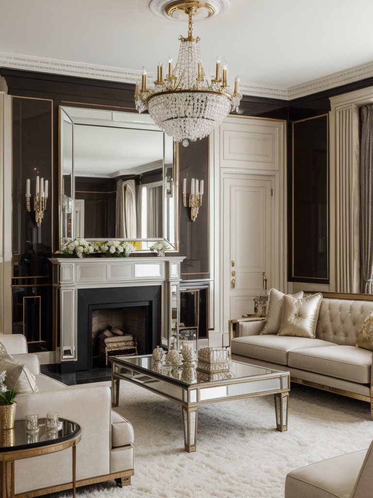 Hollywood regency-style living room design with glamorous textures, mirrored furniture, and lots of metallic accents.