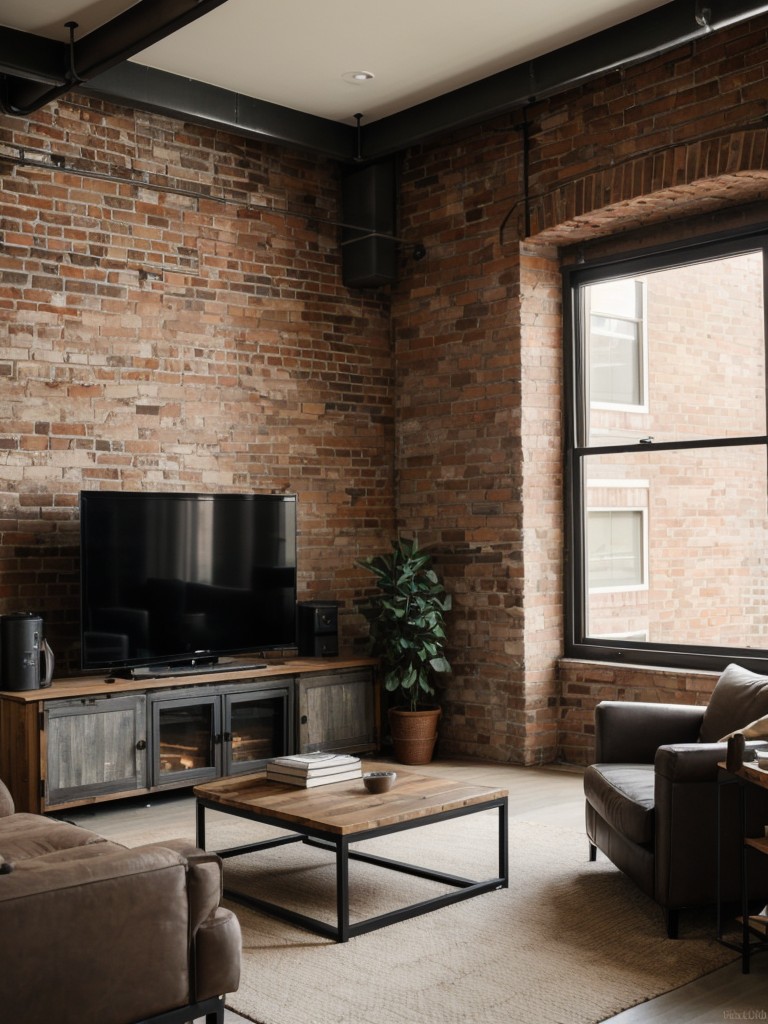Industrial-style living room design with exposed brick walls, raw materials, and a blend of vintage and modern furniture.