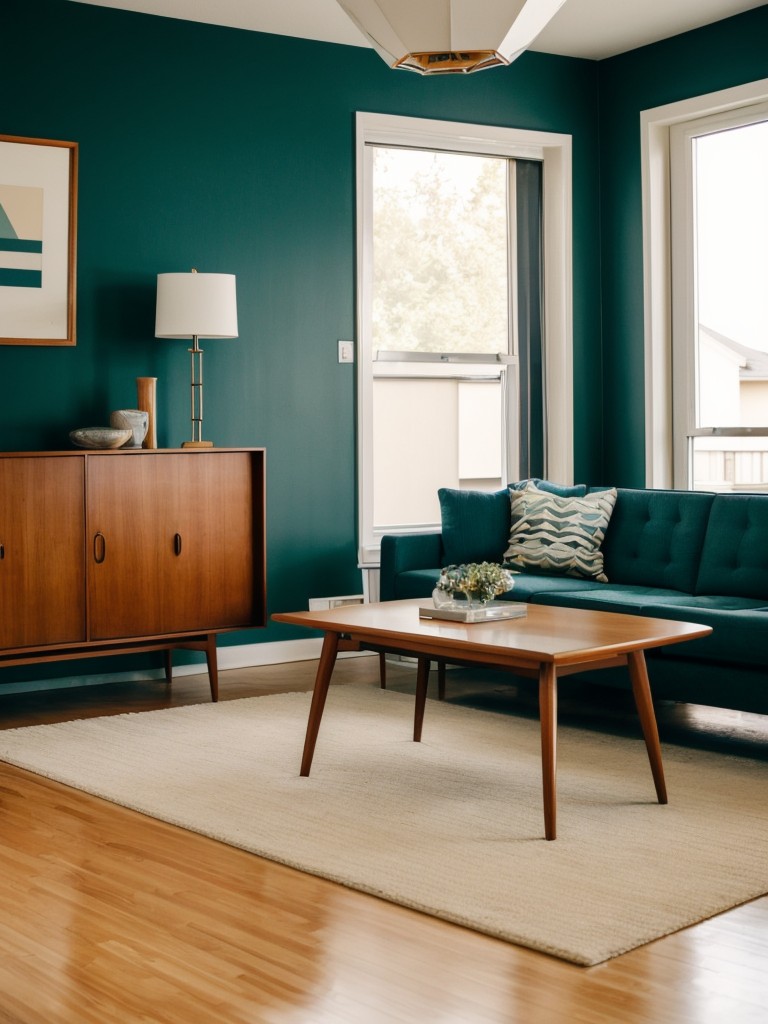 Mid-century modern living room design with iconic furniture pieces, geometric patterns, and a retro color palette.