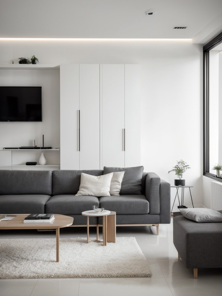 Minimalist living room design with sleek furniture, a monochromatic color palette, and clever storage solutions.