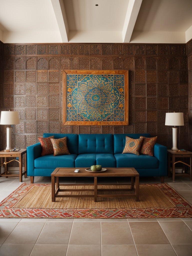 Moroccan-inspired living room design with vibrant colors, intricate patterns, and decorative tiles or textiles.