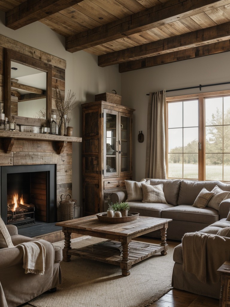 Rustic farmhouse living room design with distressed wood elements, cozy textiles, and a warm, inviting atmosphere.