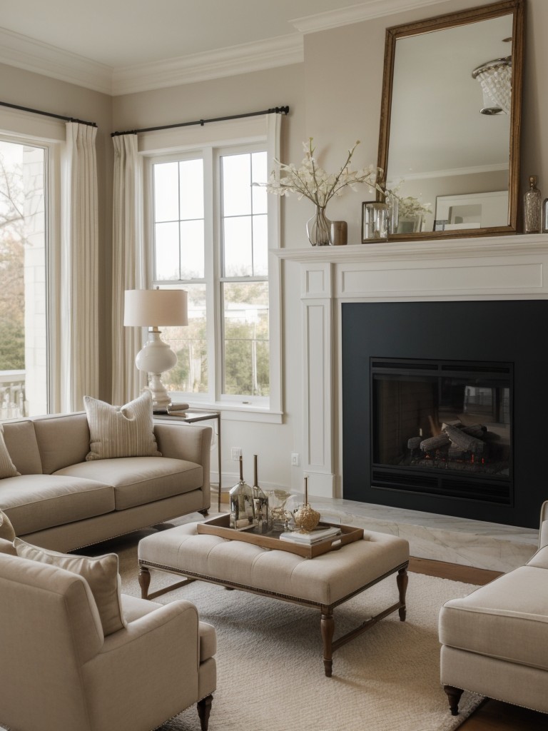 Sophisticated living room design with a neutral color palette, plush seating, and an elegant fireplace focal point.