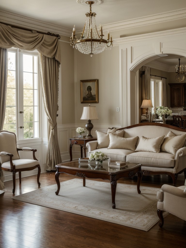 Traditional living room design with classic furniture pieces, elegant drapery, and timeless decor accents.
