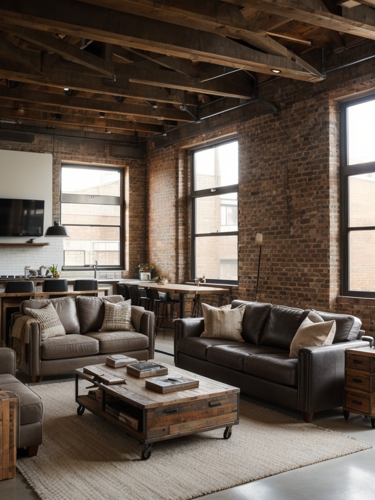 Urban loft living room design with exposed beams, industrial materials, and a blend of vintage and modern furniture pieces.