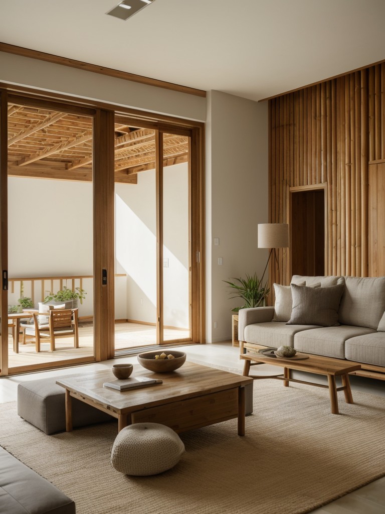 Zen-inspired living room design with a calming color palette, natural materials like bamboo and stone, and minimalist furniture.