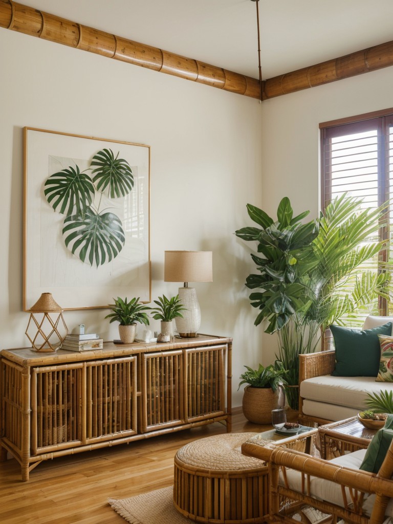 Incorporate natural materials like bamboo or rattan furniture, leafy plants, and tropical-themed artwork to enhance the tropical ambiance in an apartment.