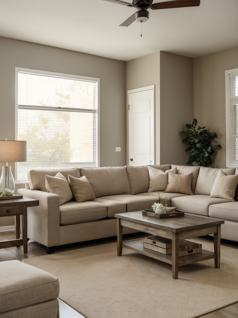 Incorporate neutral color palettes, versatile furniture pieces, and layered textures to achieve a comfortable and timeless transitional style in an apartment.