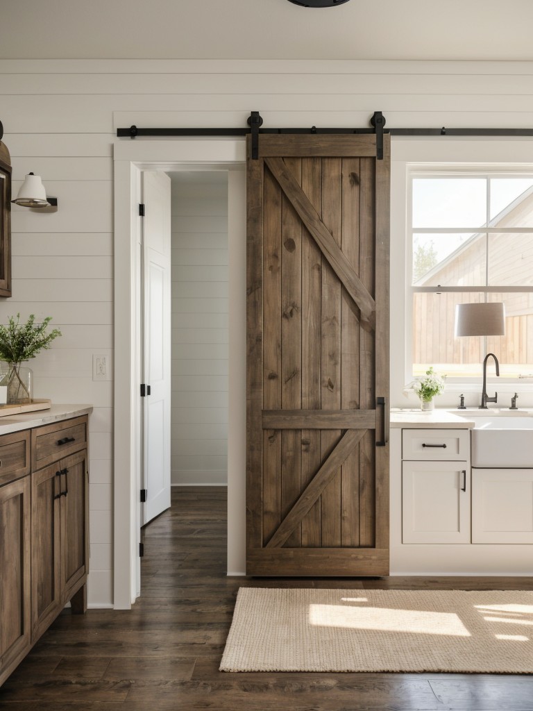 Incorporate shiplap walls, barn doors, and farmhouse-inspired light fixtures to achieve the modern farmhouse aesthetic in an apartment.